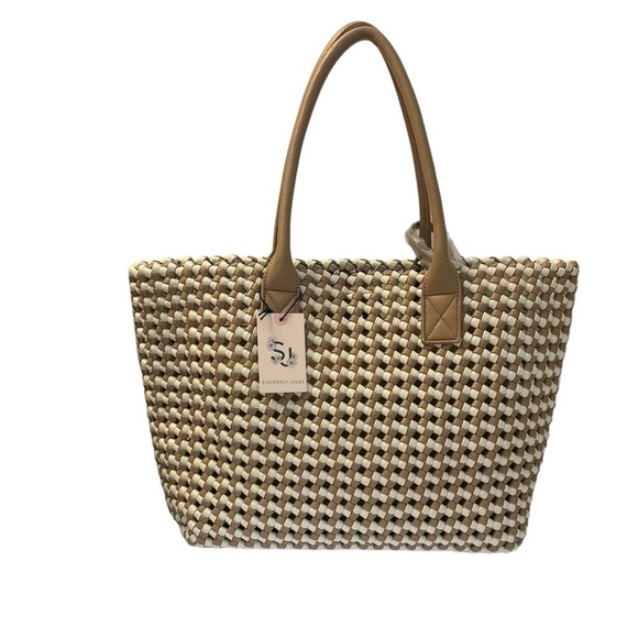 Sincerely Jules Brown & White Woven Vegan Leather Tote W Large Pouch(D243) - Picture 8 of 8
